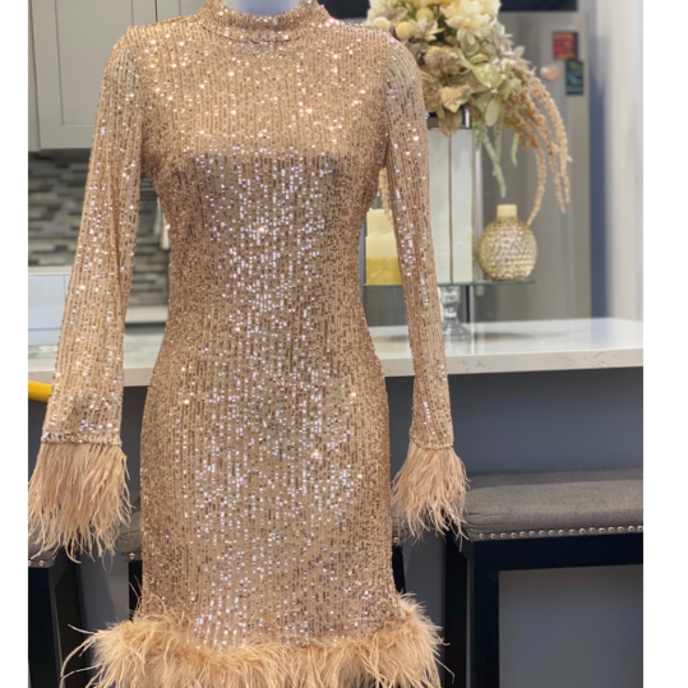 Beige Sequin Holiday Dress